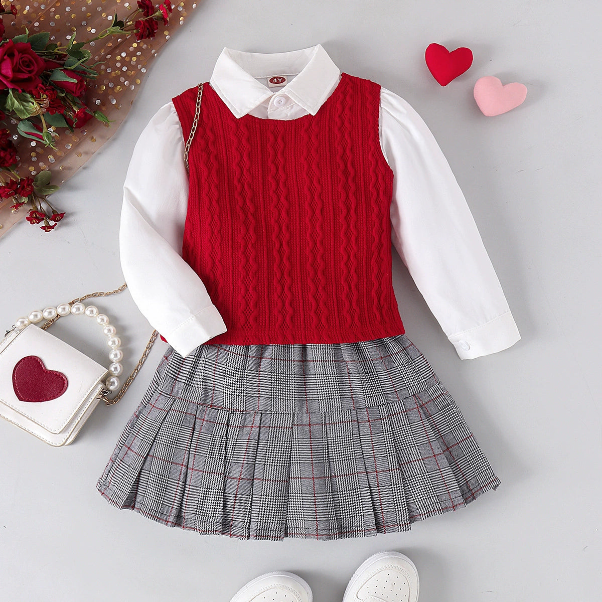 Conjunto Infantil Feminino 3 Peças Colete e Xadrez